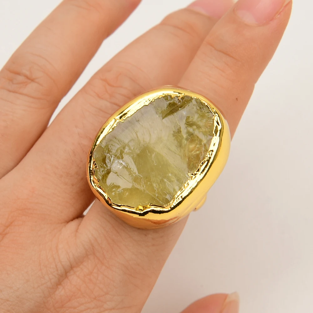 

GG Natural Stone Yellow Lemon Quartz Rough Raw Crystal Rings Gold Plated Edge Stone Resizable Ring Women Jewelry Gifts