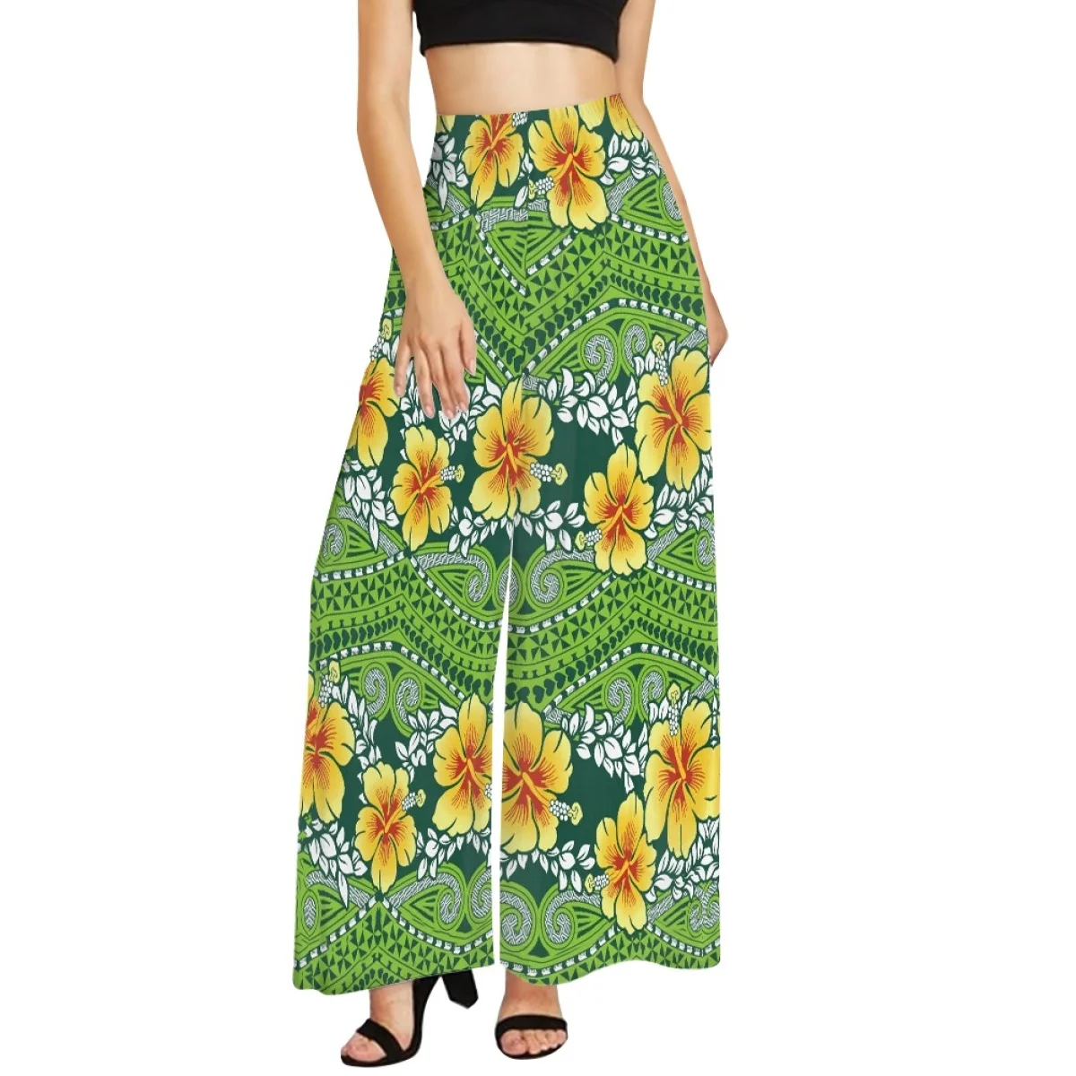 

Wide Leg Pants for Women, Polynesian Tribal, Yellow Flower Print, Green Retro Soft Wide Leg Pants, Casual Women's Clothes, Plus