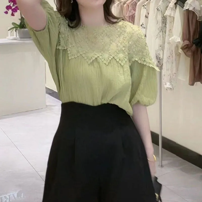 여성용 레이스 접합 반팔 블라우스, 올매치 단색 라운드넥 셔츠, 여성 의류, 우아한 패션, 한국 여름