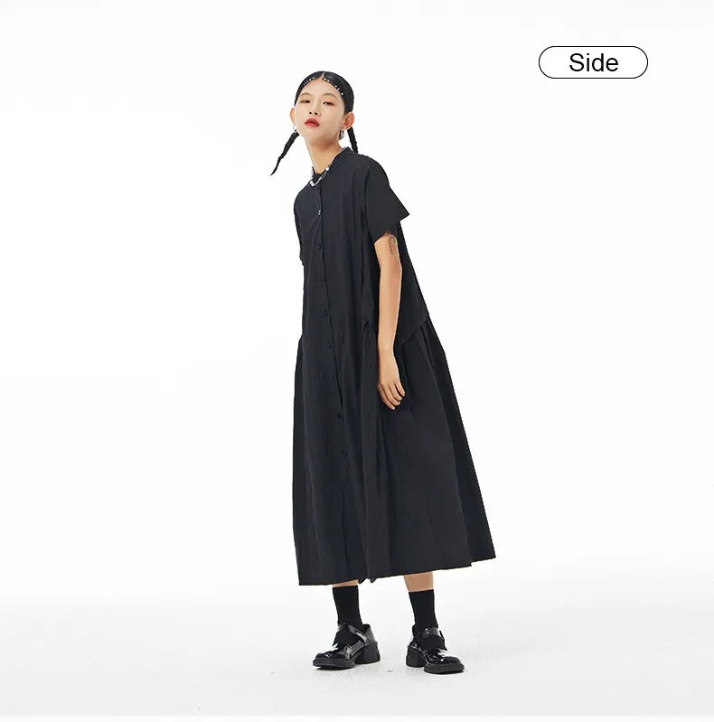 Mandarin Collar Dress black   Women's loose thin cotton linen crewneck casual womens round o-neck short sleeves button-up mid-calf swing skirts Dresses for woman Spring summer Korean fashion season