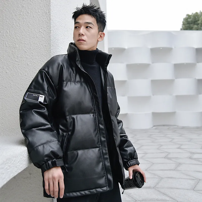 Leather down Cotton-Padded Coat for Men Winter Cotton-Padded Jacket New Thickened Fleece-Lined Cotton Coat Men's Winter