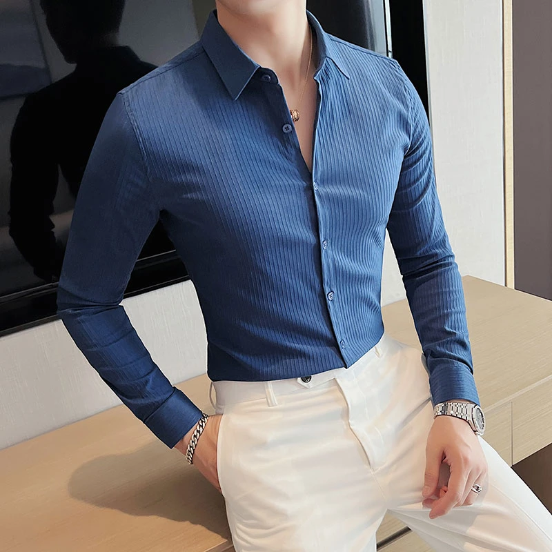 Camisas elásticas rayas oscuras para hombre, ropa ajustada de manga larga para negocios, trajes de Club Social, Otoño, 2022| | - AliExpress