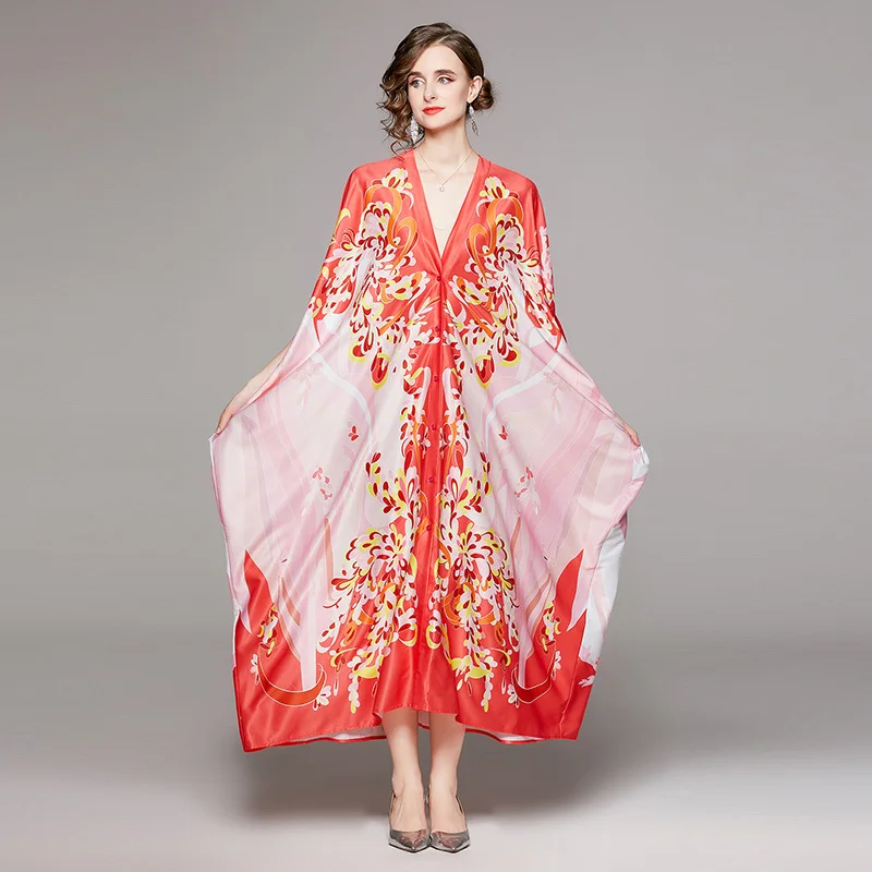 

Runway Maxi Dress Women 2023 Summer Bohemain Batwing Sleeve Loose Sexy V Neck Flower Print Holiday Party Robe Long Vestidos