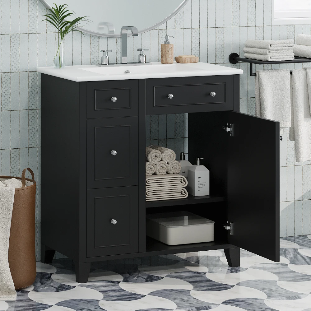 30-Inch Bathroom Vanity Cabinet with Ceramic Basin, Double-Layer Drawer, Deep Drawer and Adjustable Shelf