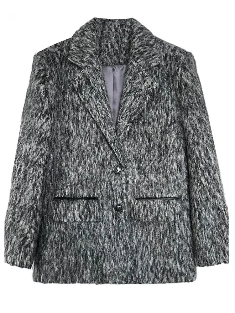 

NICEWOMEN Solid Minimalist Short Woolen Overcoat For Women Long Sleeve Thickening Lapel Pocket Spliced Design Blazer Female AH97