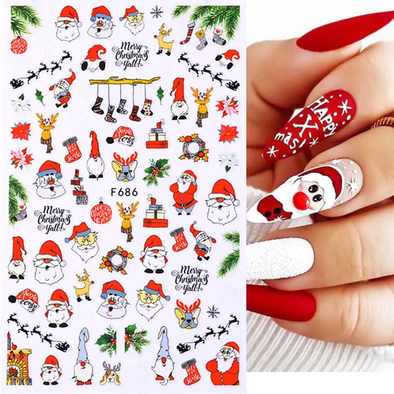 Winter Xmas Nail Art Designs 3D Cute Sticker Cartoon Christmas Slider New Year Holiday Polish Decal Manicures Decorations F686 nail stickers nail art decoration nail decals