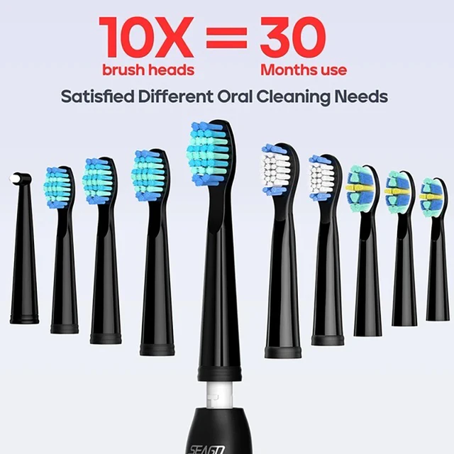 Seago Upgrade Electric Toothbrush Cup Holder 10 Pieces Brush Heads 5 Brushing Modes Adults Brush Black White 4