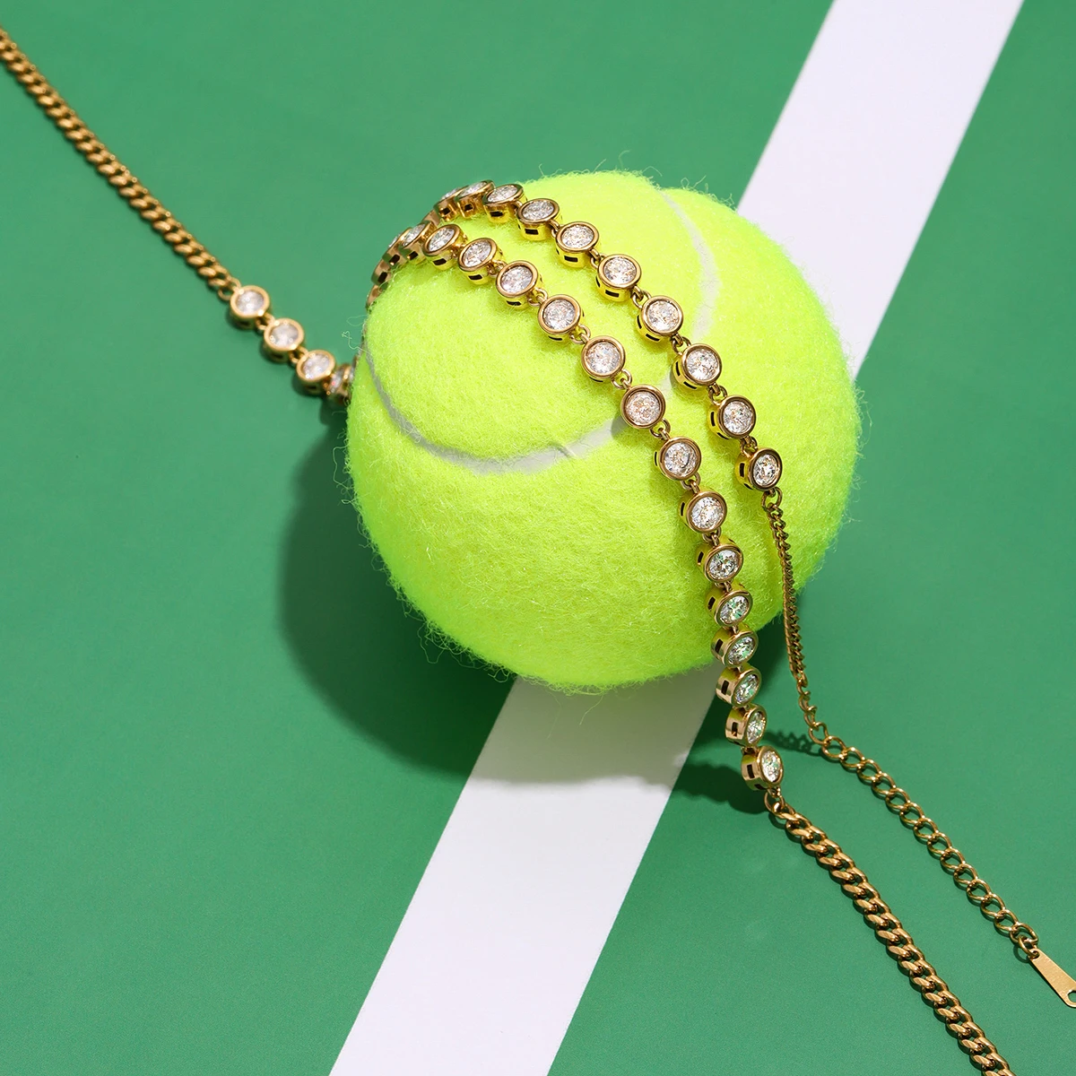 Youthway Versatile Casual Gold Plated Stainless Steel Geometric Rhinestone Tennis Chain Bracelet Necklace Set Sporty Accessories 6