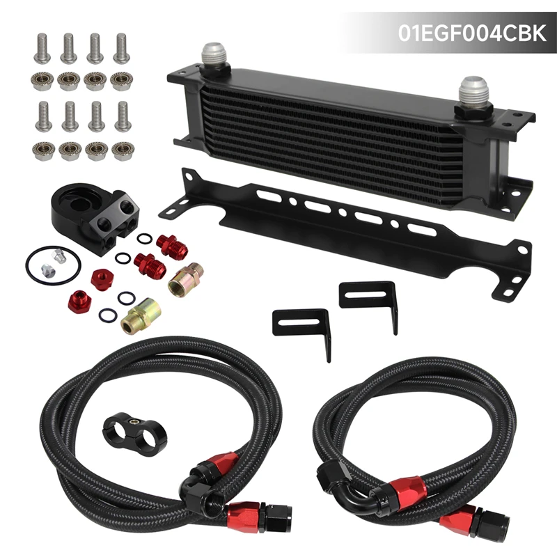 

10 Row 248mm AN10 7/8"-14 UNF Universal Engine Oil Cooler w/ Mounting Bracket + Aluminum Oil Filter Adapter Kit Silver / Black