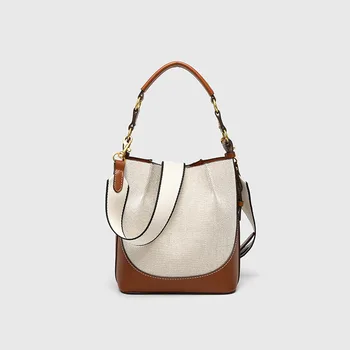 Fashion Panelled Canvas Bucket Bag Designer Women Handbags Luxury Pu Leather Shoulder Crossbody Bags with Wide Strap Tote Purses 1