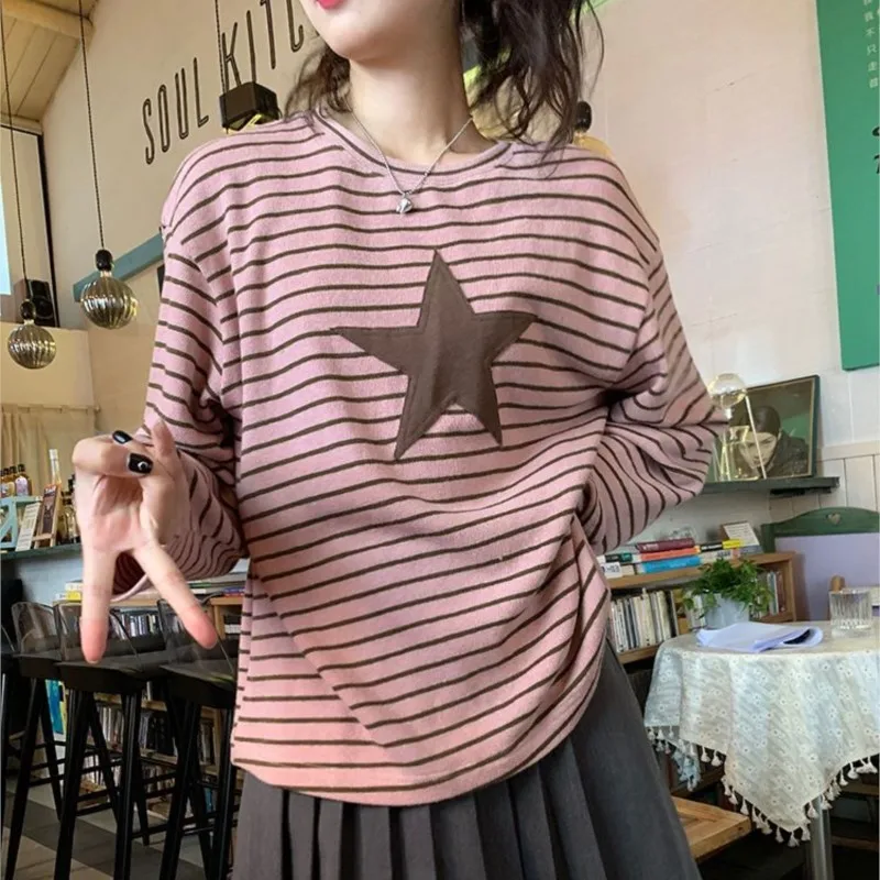 Embroidered Star Patch Vintage Striped Top 2022 Fall Oneck Long Sleeve