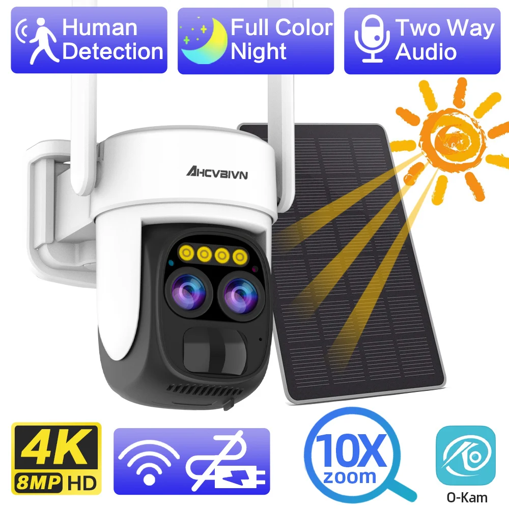 8Mp 4K Dual Lens Wifi Solar Camera Outdoor 10X Zoom Audio Bidirezionale Visione Notturna A Colori Bulit-In Battery Security Cam O Kam App