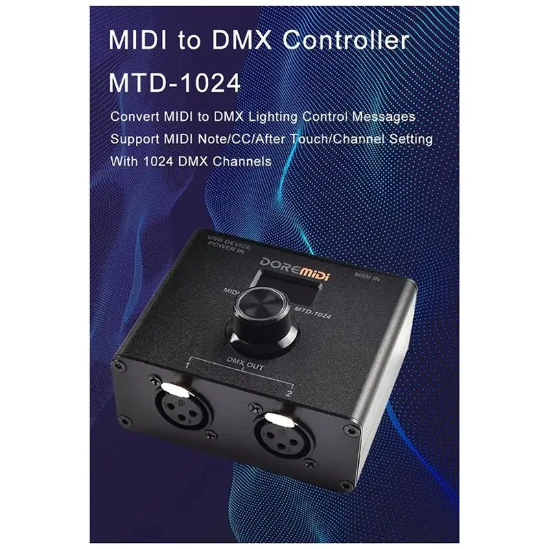 Doremidi MIDI 메시지를 DMX 컨트롤러 MTD-1024로 변환하면 MIDI 신호를 DMX 무대 조명 제어로 변환합니다.