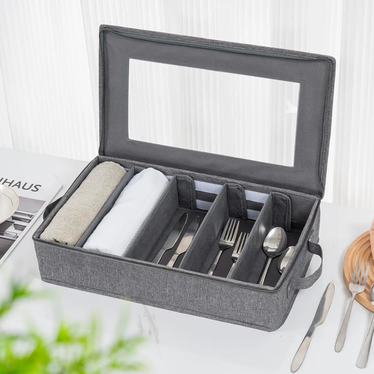 Flatware Utensil Storage Case, Silverware Storage Box Chest with Adjustable Dividers, Cutlery Storage Holder with Zipper Lid for 6