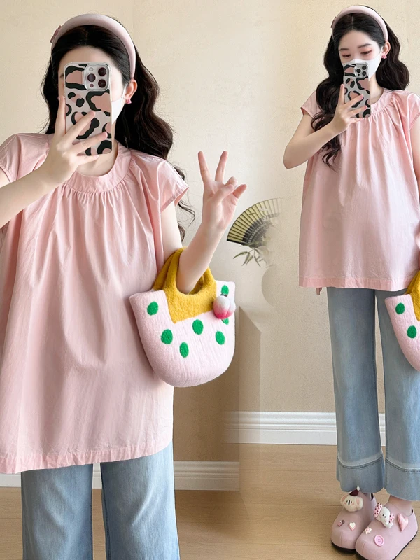 임산부 셔츠 여름 패셔너블 반팔 스플릿 캐주얼 나일론 라운드넥 베이직 패키지드 물방울 무늬 프린트 중국산