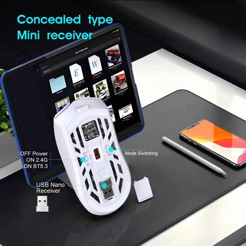 2026 Wireless Gaming Mouse With RGB Lighting Rechargeable Battery Three-Mode Mouse USB Plug Play Right-Handed Comfort Hollow-Out