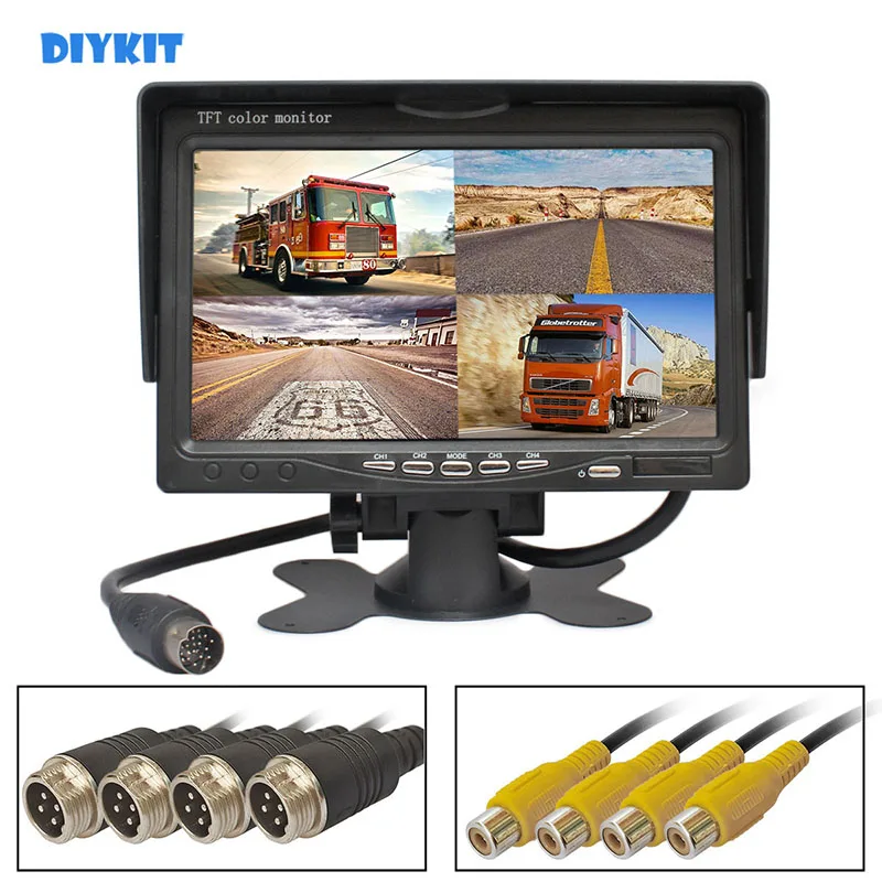 

DIYKIT DC12V-24V 7inch 4 Split Quad LCD Screen Display Color Rear View Car Monitor for Car Truck Bus Reversing Camera