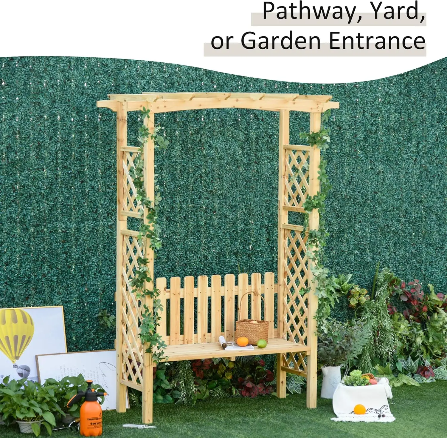 Wooden Garden Arbor for Climbing Plants with Garden Bench, Arch to Grow Grapes & Vines, Patio Decor & 2-Person Outdoor Wo