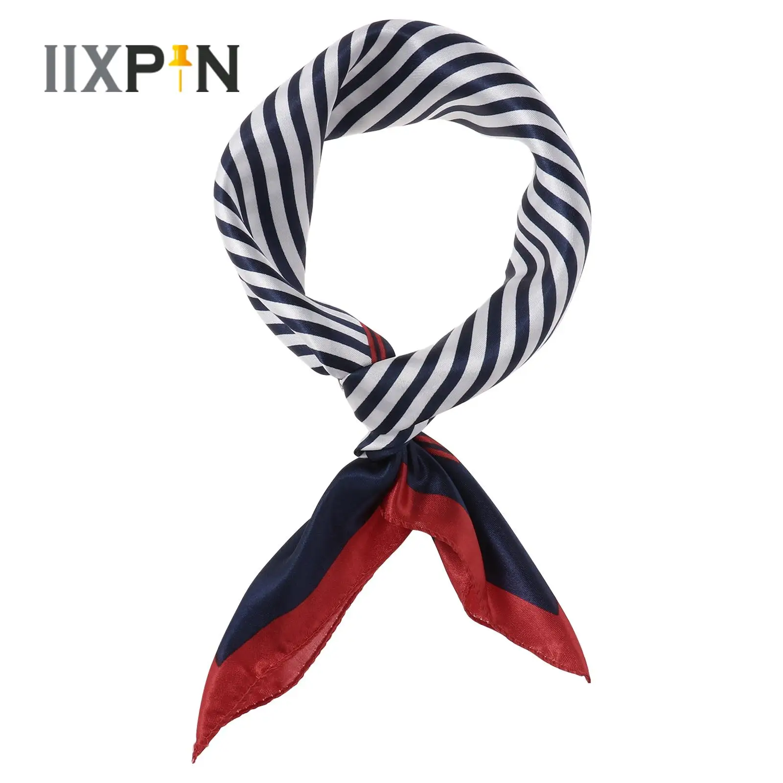 

Women Small Square Scarf Sailor Cap Set Stewardess Striped Patchwork Satin Scarf with Carnival Christmas Striped Navy Sailor Cap