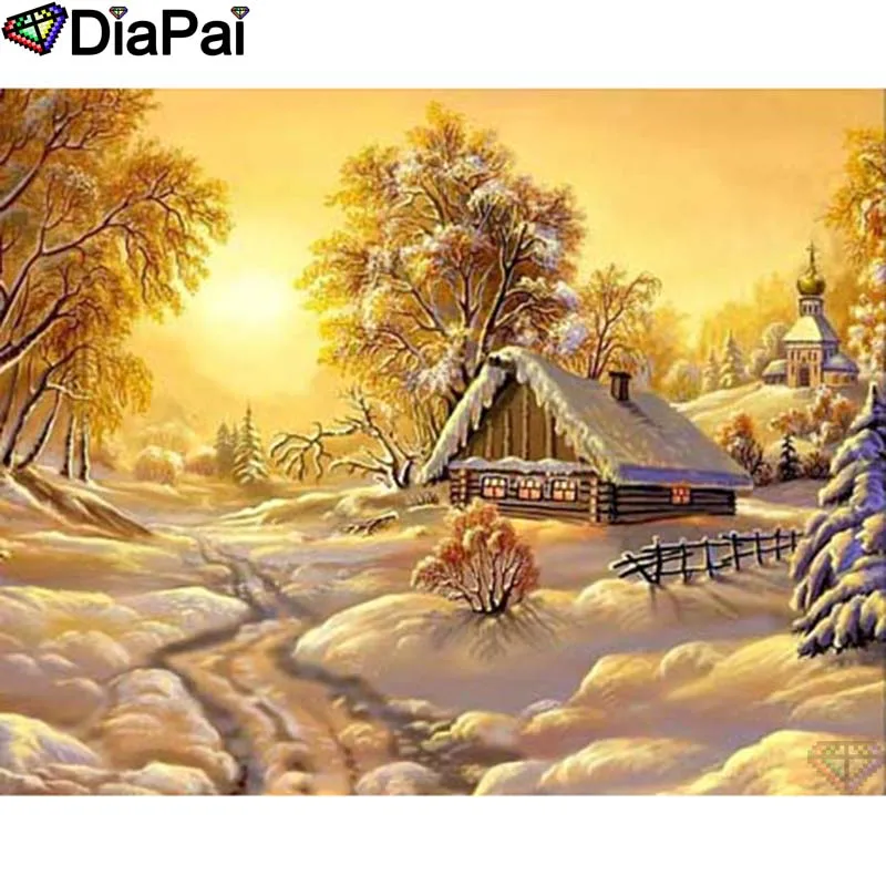 DIAPAI 5D DIY Diamond Embroidery Full Display "Snow sunset house view"Diamond Painting Square/Round Rhinestones Decor Art A26602