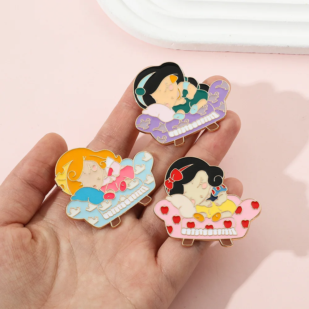 Disney Cartoon Pins Princess Jasmine Sleeping Beauty Snow White Metal Badge Accessori Moda Ragazza Abbigliamento Spille Gioielli