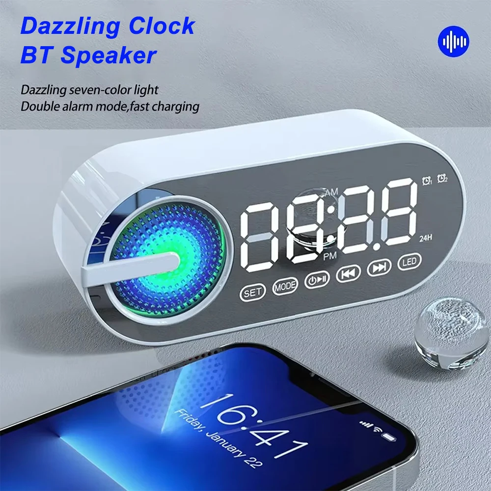 Wireless Bluetooth Speaker Alarm Clock LED Mirror Display 3D Stereo Sound Music Player with RGB Light FM Radio for Room Office