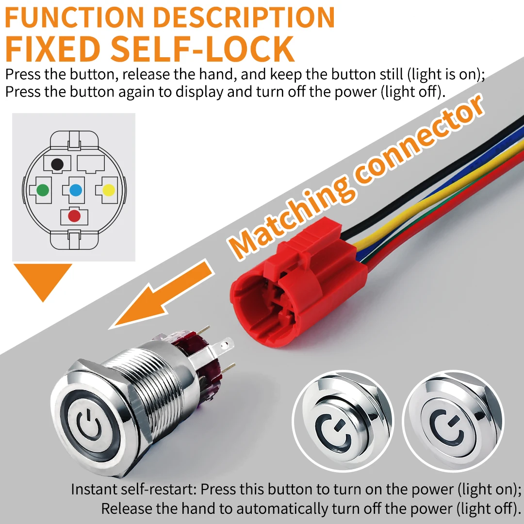Push Button Switch 12 16 19mm Waterproof Metal Red Yellow LED 12V 24V 220V Momentary Self Locking Car Engine Power Supply