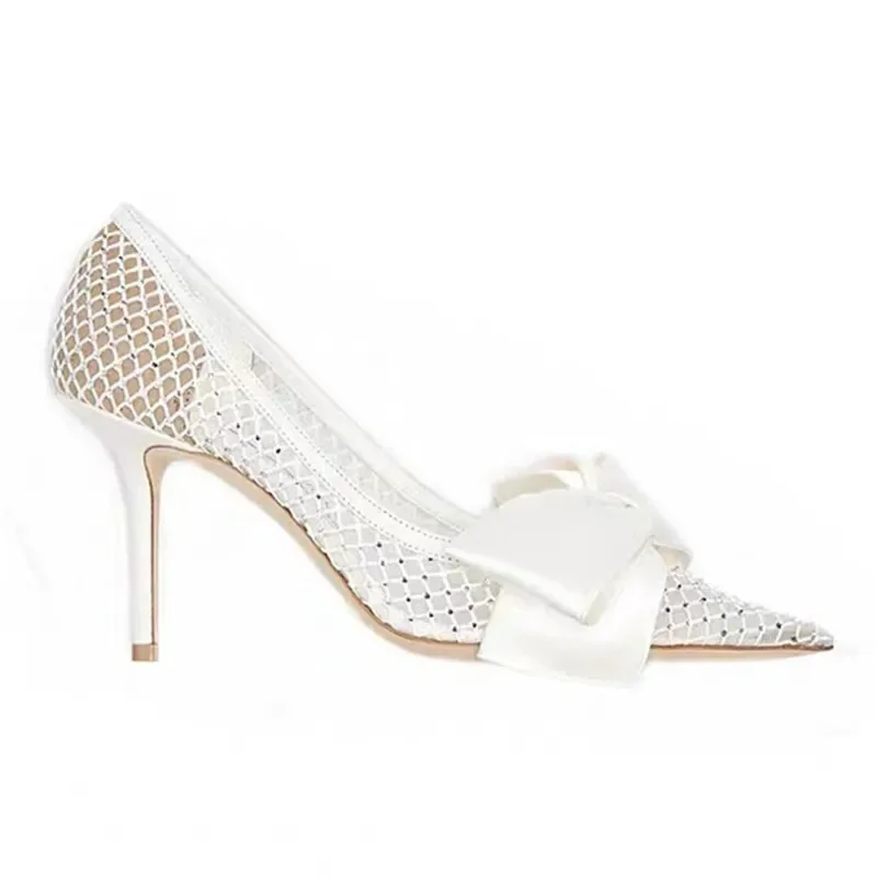 High Heel Women's 2024 New Mesh Rhinestone Bow Pointed Thin Heel Sexy Shallow Mouth Shoes Mesh Red Women's Wedding Shoes