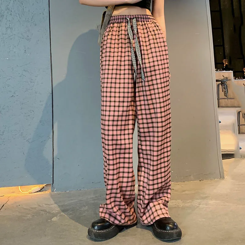 

Lucyever Pink Plaid Pants for Women Spring Summer Korean High Waist Loose Straight Pants Streetwear Casual Wide Leg Trousers