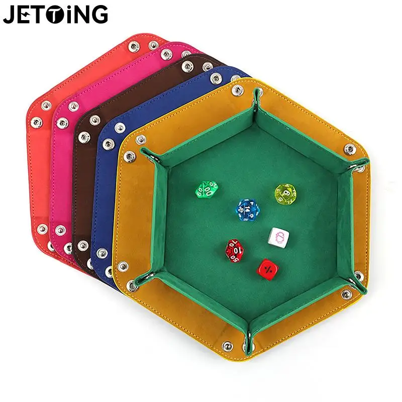 

Rolling Folding Hexagon Dice Tray Board Game Storage Double Sided Thick PU Leather&Velvet Dice Box With 6 Snap Fastener