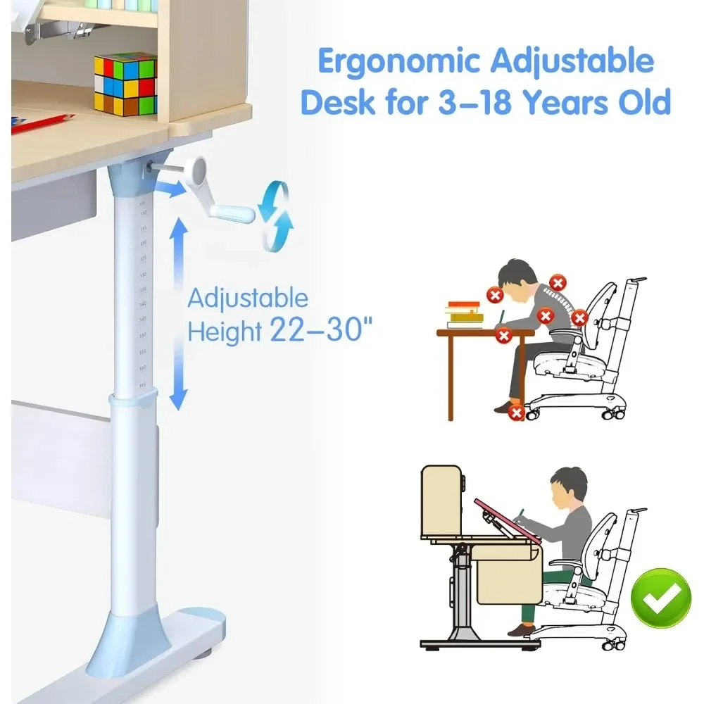 Bookshelf Hutch Multi Function with Chair Drafting Table Computer Station Built-in  Wood Adjustable Height Kids Study Desk 5