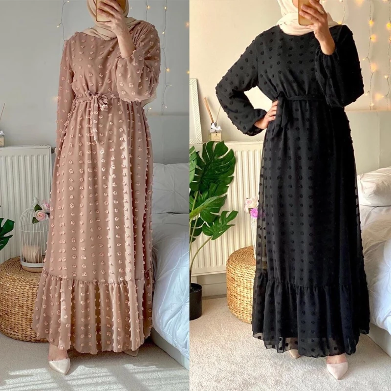 

Long Sleeve Kaftan Abaya Maxi Dress Muslim Chiffon O-Neck Luxurious Clothes Islamic Evening Gown for Slim Fat Women