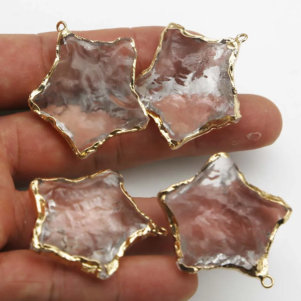 Natural Raw Ore White Crystal Five Pointed Star Gold Eedged Necklace Pendant Earrings Bracelet Jewelry Accessories Wholesale 8Pc