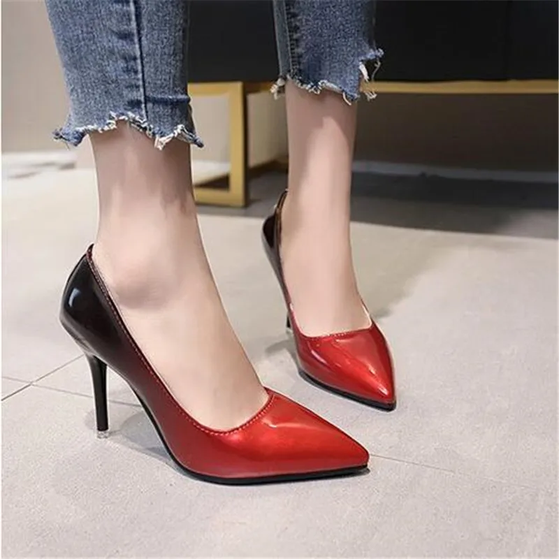Pointed Toe Women Thin Heel Shoes 10cm Heels Pointed Toe Patent Leather Wedding Party Shoes Woman Big Size 48