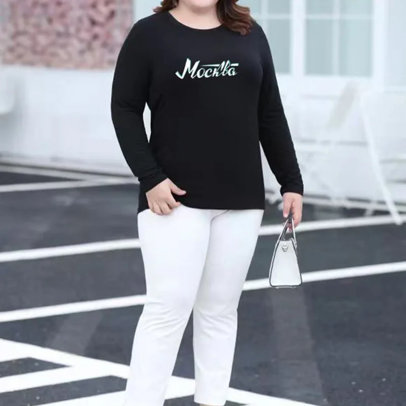 Korean Crew Neck 3D Letter Print Long Sleeve Loose T-Shirt Spring Autumn Female Clothing Casual Plus Size Pullover Bottoming Top
