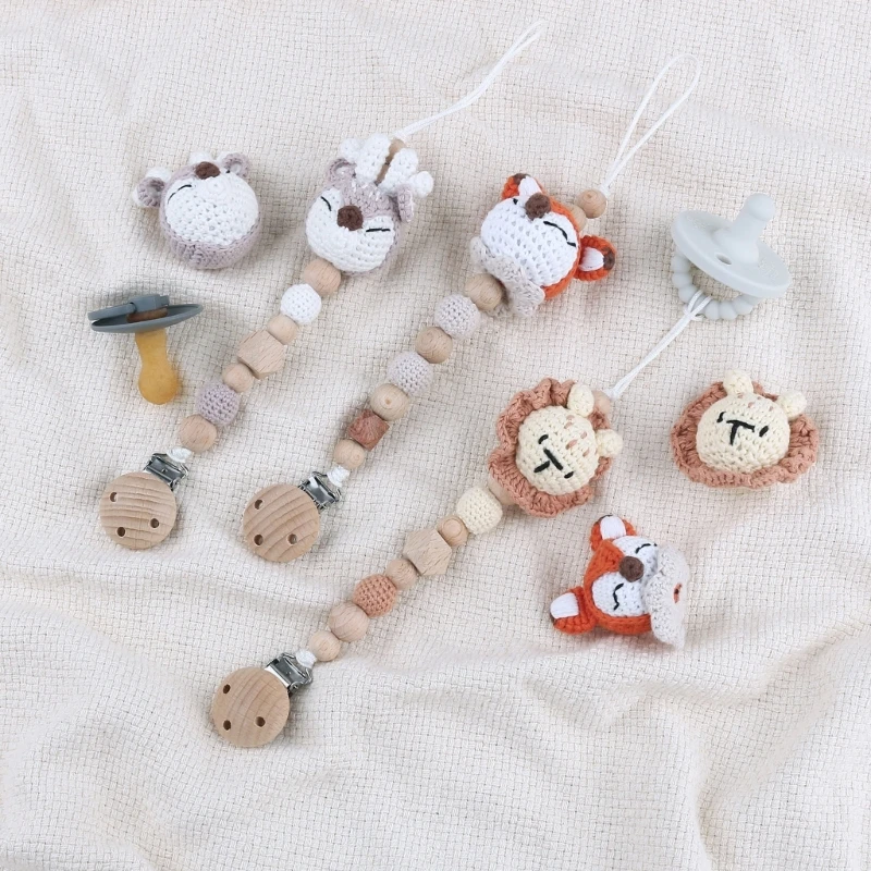 Crochet Animal Baby Pacifier Clip Accessories Handmade Knitted Bunny Teether Beads Newborn Nipple Clip Dummy Soother Holder Toy