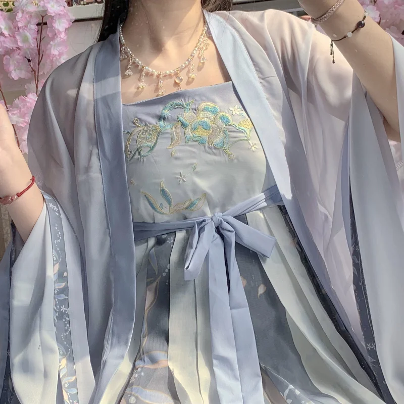 Chinese Style Hanfu Dress Set Women Traditional Elegant Flower Embroidery Princess Dress Tang Dynasty Sweet Dance Stage Costumes
