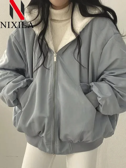 New in Jackets for Women Thick Warm Parkas Oversized Double Sided Hooded Korean Fashion Casual Loose Zip Up Coat Female Clothes 1