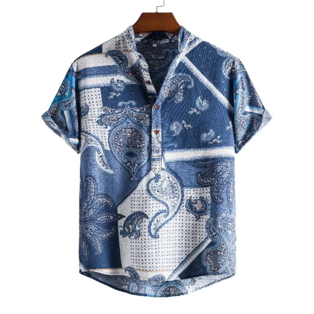 Vintage Men's Shirts Ethnic Style Printing Lattice Casual Streetwear Stand Collar Short Sleeve Loose Hawaiian Shirt Mens Summer