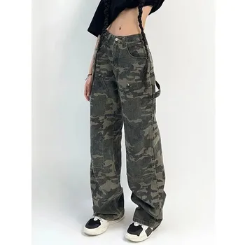 MEXZT 여성용 위장 카고 바지, 로우 라이즈 청바지, 레트로 와이드 레그 바지, 데님 스트레이트 바지, 하라주쿠, Y2K 스트리트웨어