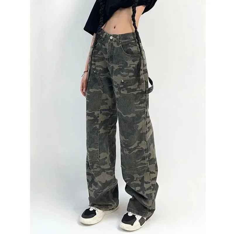 MEXZT 여성용 위장 카고 바지, 로우 라이즈 청바지, 레트로 와이드 레그 바지, 데님 스트레이트 바지, 하라주쿠, Y2K 스트리트웨어