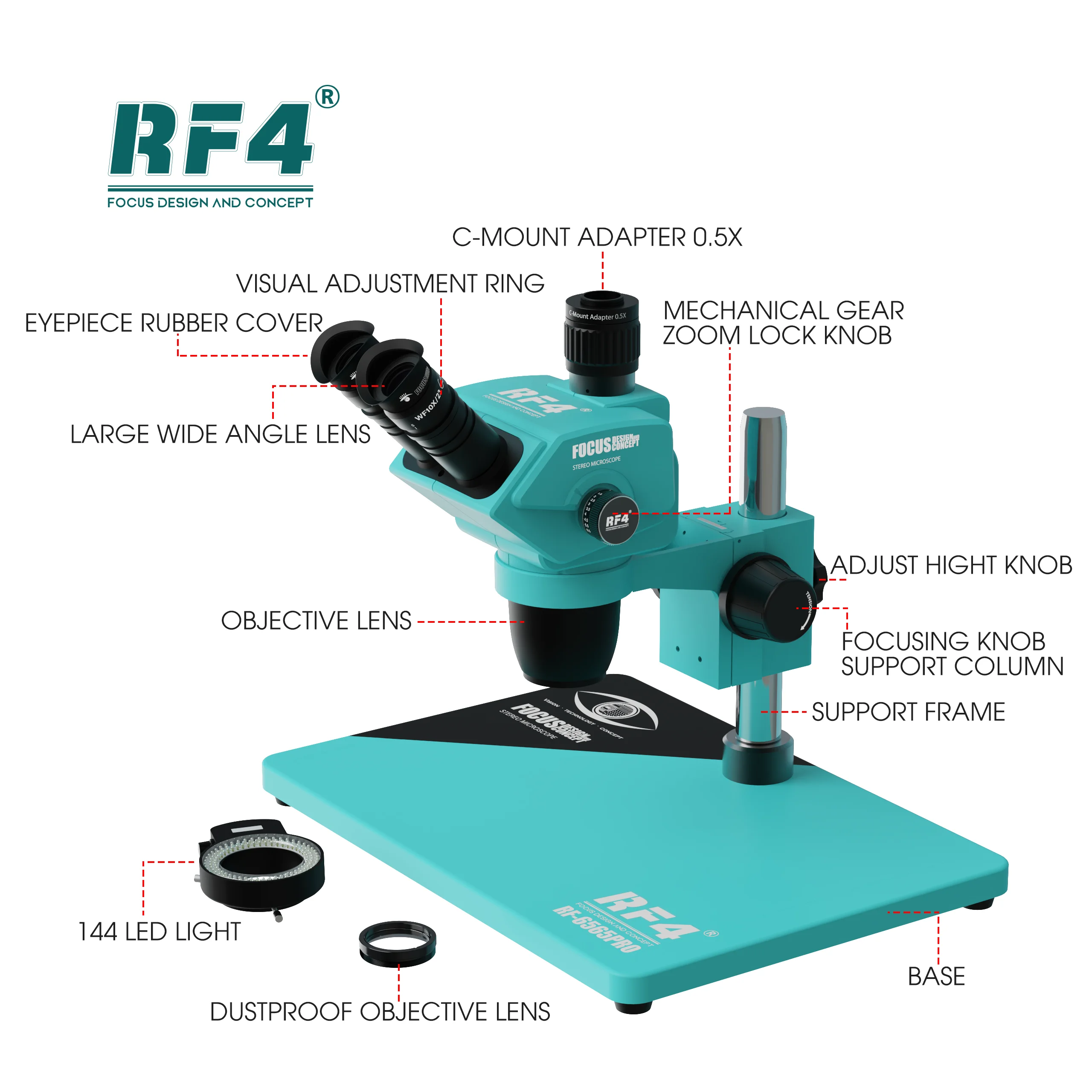 RF4 HD Trinocular Stereo Microscope RF-6565PRO Nine-speed Zoom