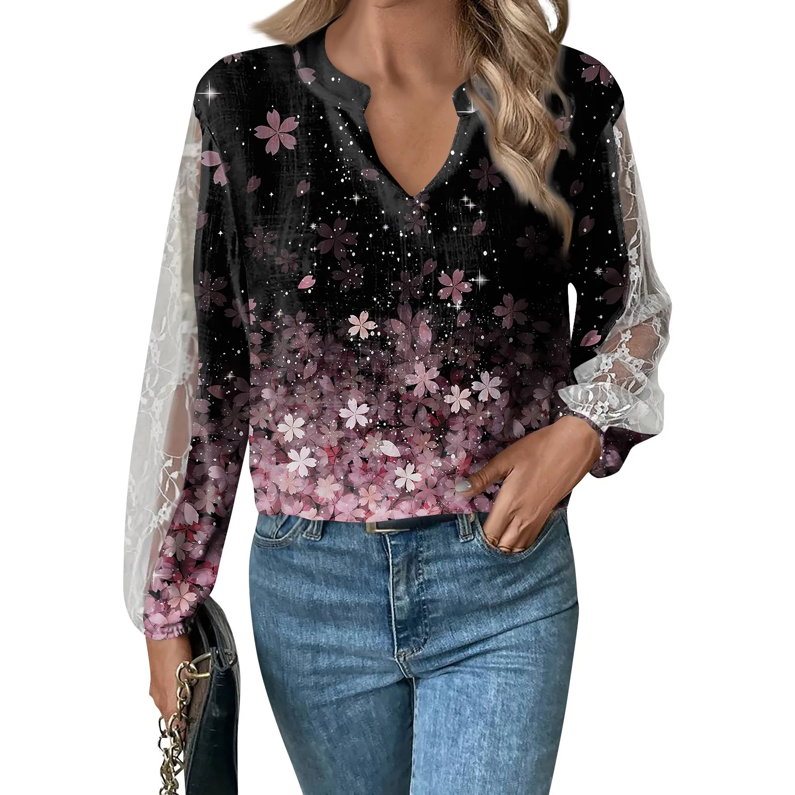 

Length Sleeve Womens Tops Casual Loose Fit V-neck T Shirts Print Lace Sleeve Tunic Tops