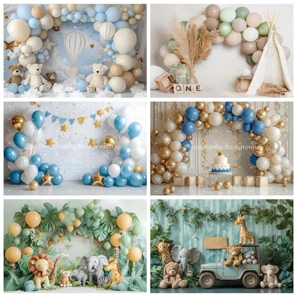 Newborn Baby First Birthday Backdrop Balloons Baby Shower Safari Jungle Animals Cake Smash Party Photographic Background Decor photo backdrop