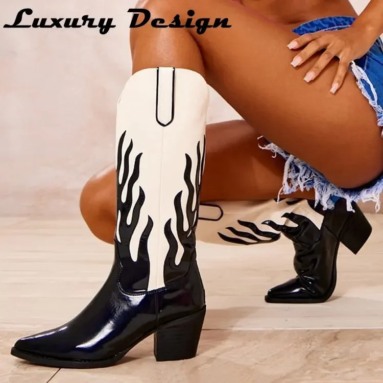 

Women Chunky Heel Pointed Western Boots Color Matching Flame Embroidered Western Cowboy Boots Vintage Fashion Knee-high Boots