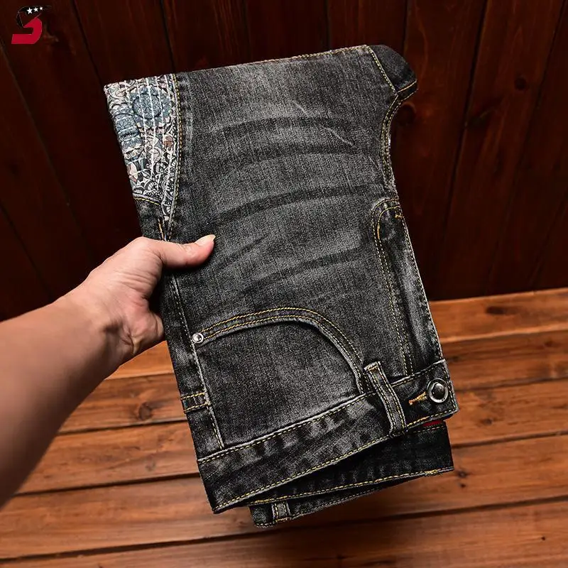 Stitching Embroidered Jeans Men's Contrast Color Fashion Stretch Slim Fit Skinny Personality, Trend, Fashion Motorcycle Trousers 5