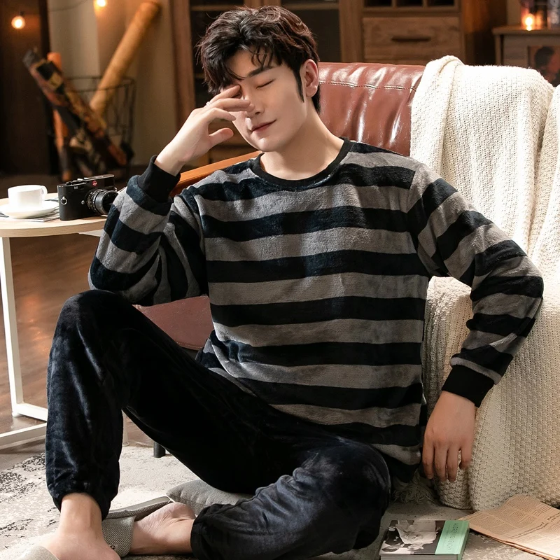 2021 Winter Long Sleeve Thick Warm Flannel Pajama Sets for Men Cute Cartoon Coral Velvet Sleepwear Pyjamas Homewear Home Clothes cheap pajama pants Men's Sleep & Lounge