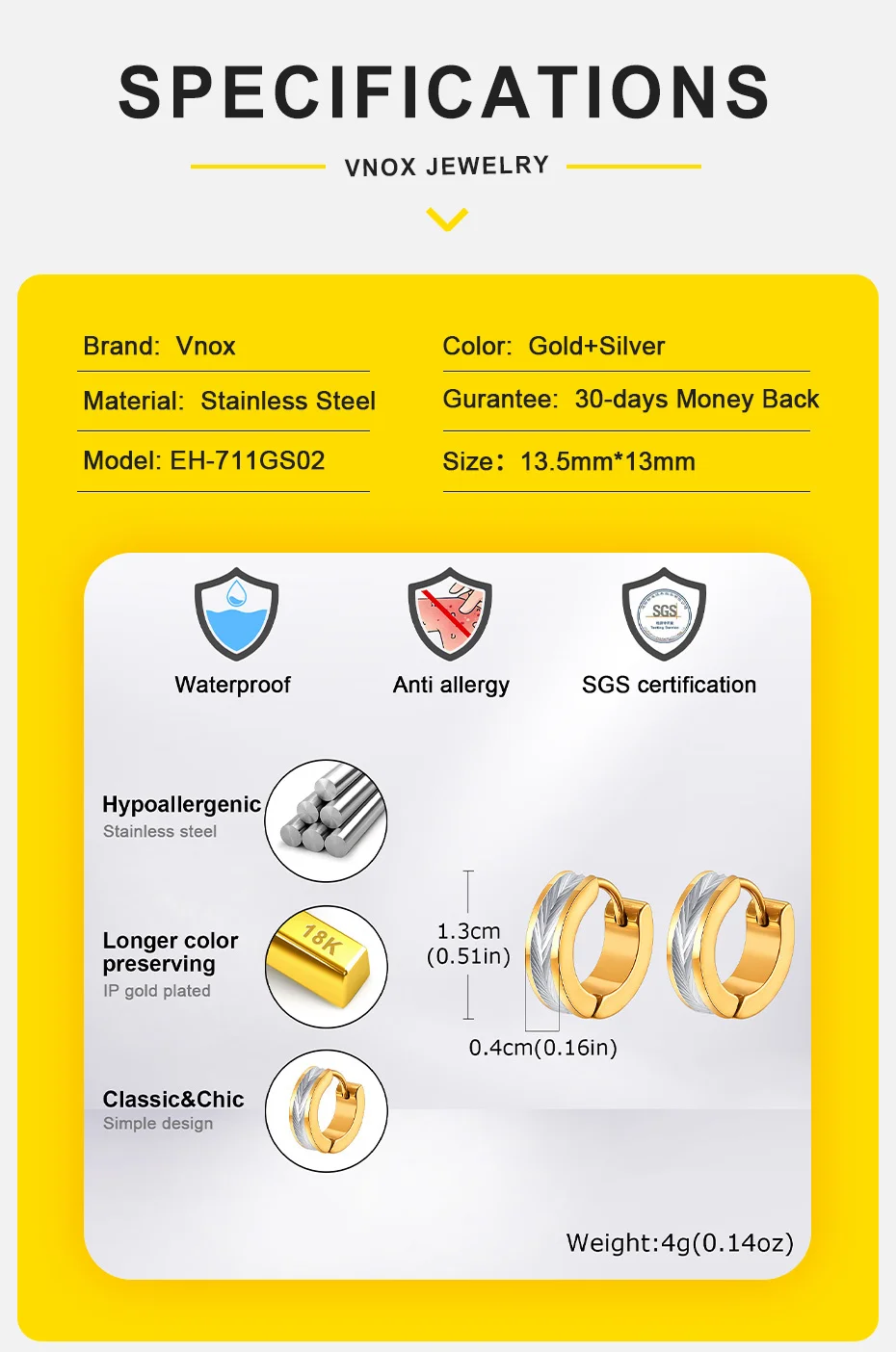 Vnox Edelstahl kleine Creolen für Männer und Frauen, stilvolle zweifarbige Metall-Huggies-Ohrringe, einfacher Schmuck – Detail 5