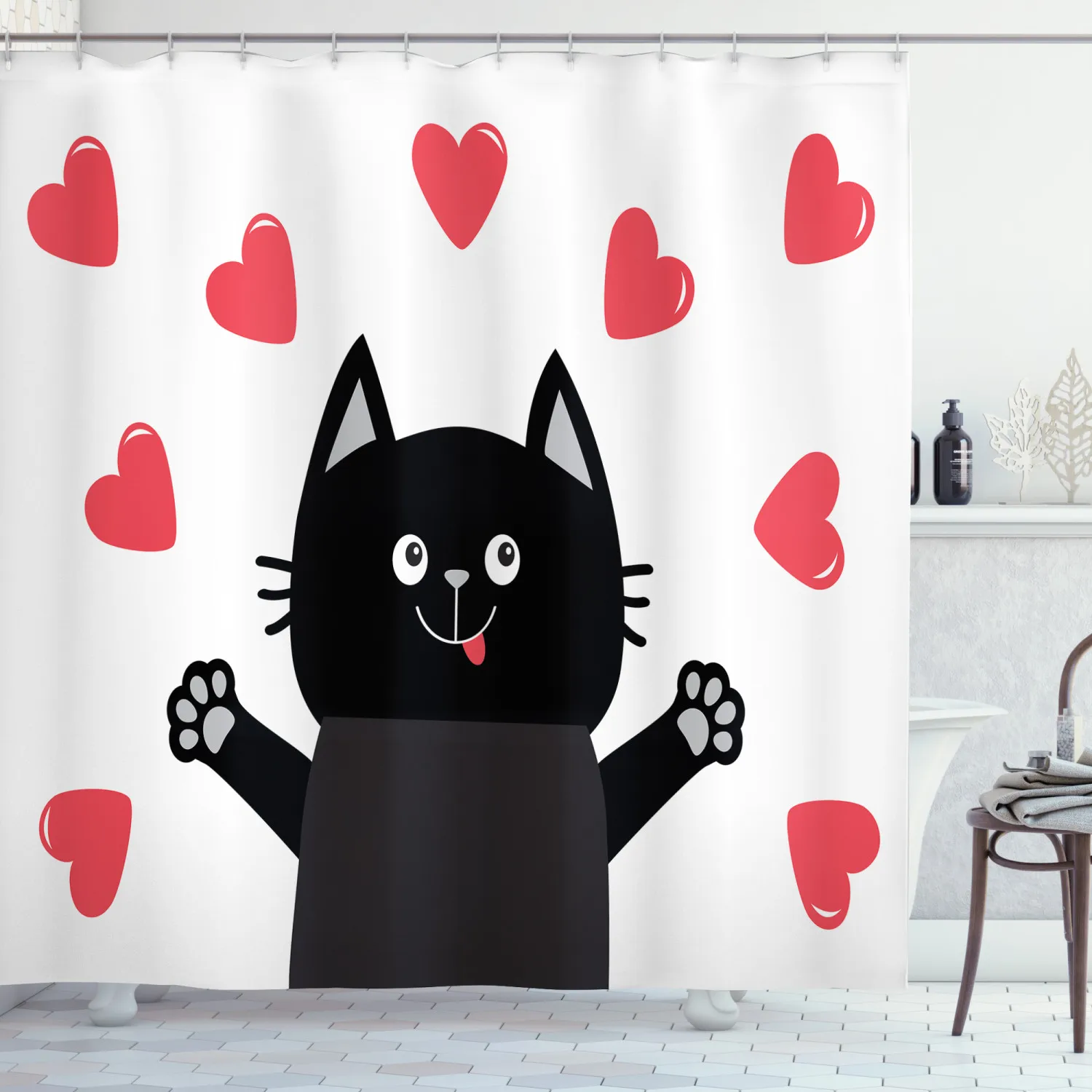 Cat Hearts Shower Curtain Set Black Kitty Spreading Love Cartoon for Bathroom Decor 12 Hooks Decorative Bath Accessory | Дом и сад