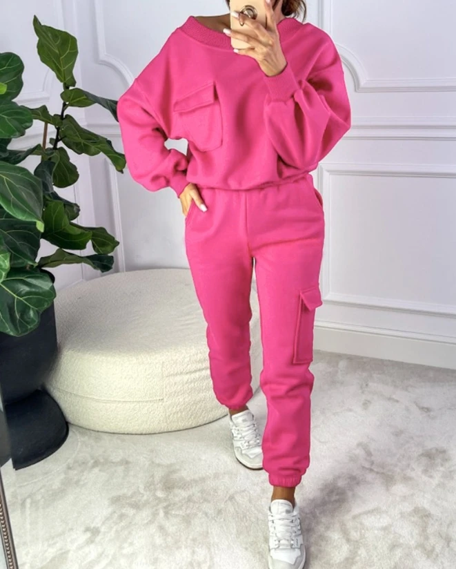 Winter Women's Suits Set Colorblock Pocket Design Sweatshirt and Cuffed Sweatpants Pants Set 2023 New Fashionable Daily Casual